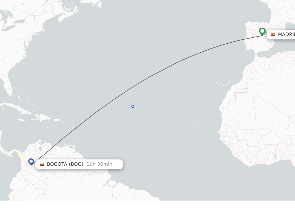 Flights from Madrid to Bogota route map