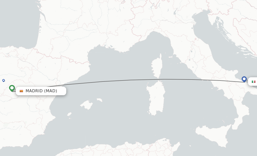 Flights from Madrid to Bari route map