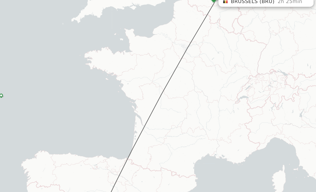 Flights from Madrid to Brussels route map