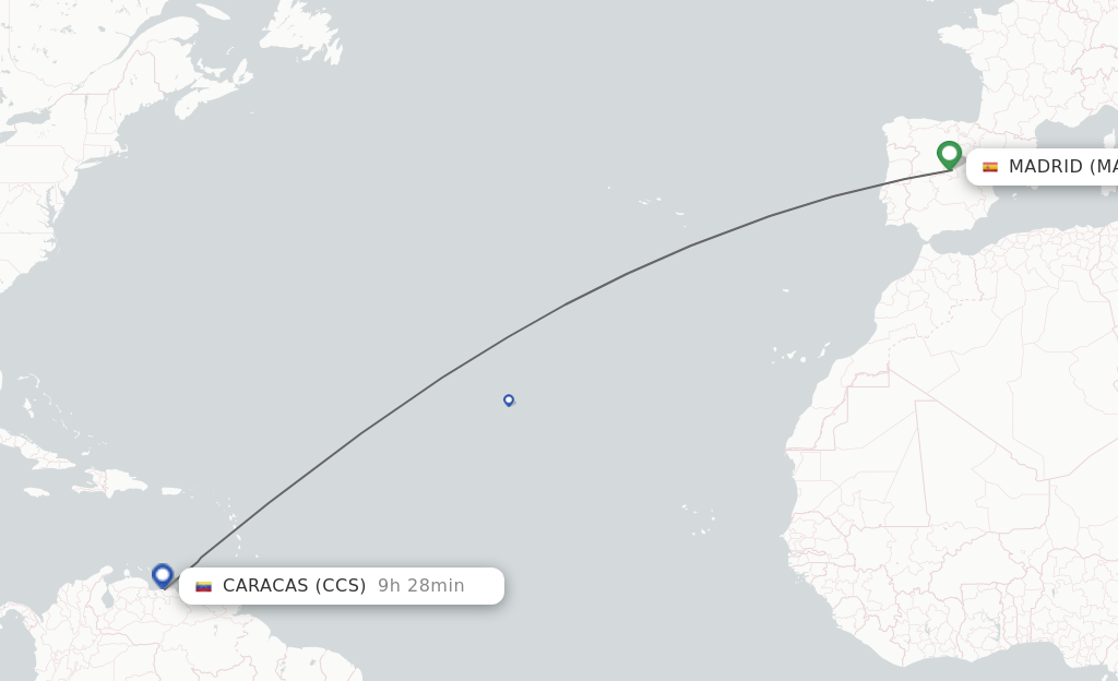 Flights from Madrid to Caracas route map