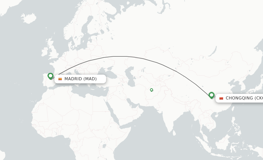 Flights from Madrid to Chongqing route map