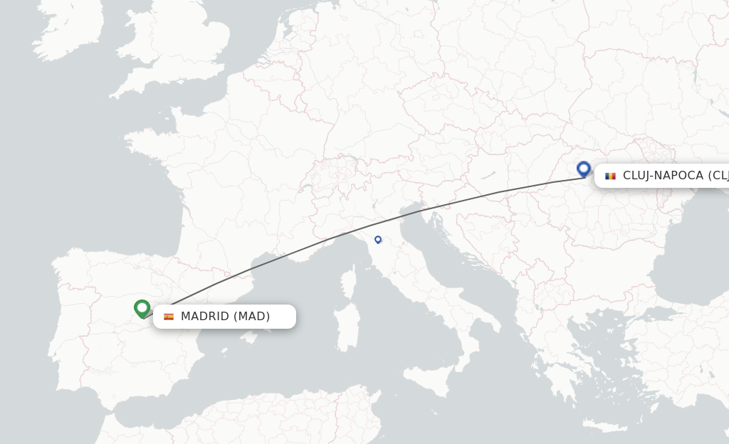 Flights from Madrid to Cluj-Napoca route map