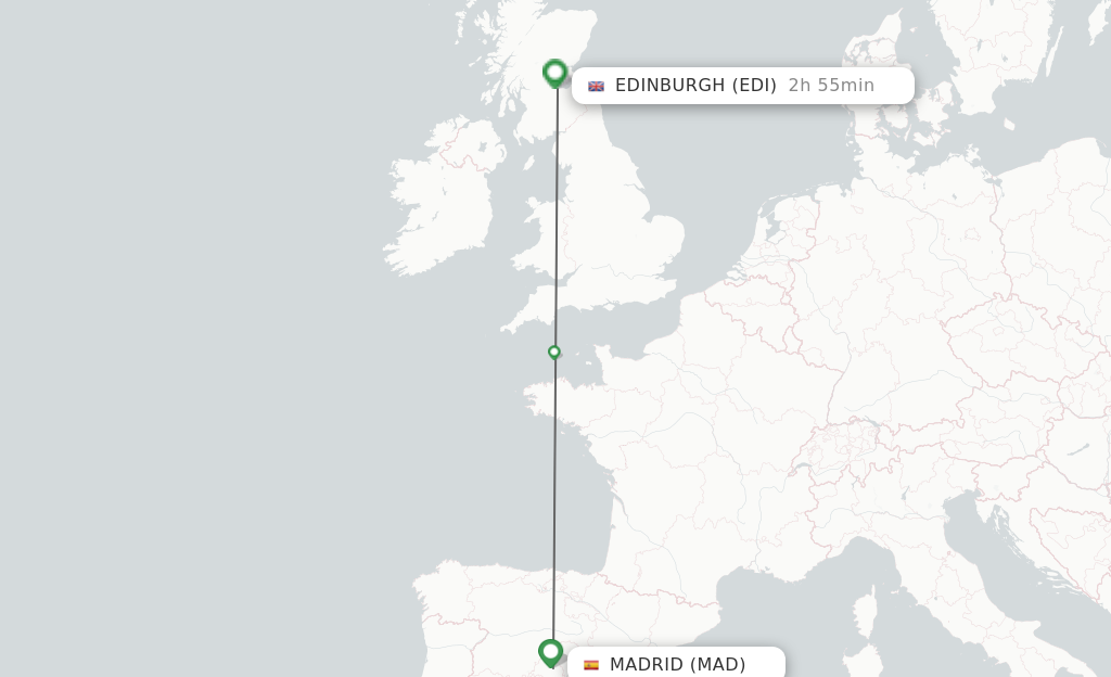 Flights from Madrid to Edinburgh route map