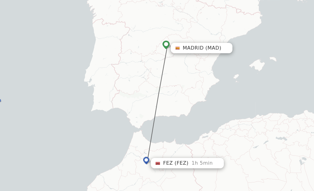 Flights from Madrid to Fez route map