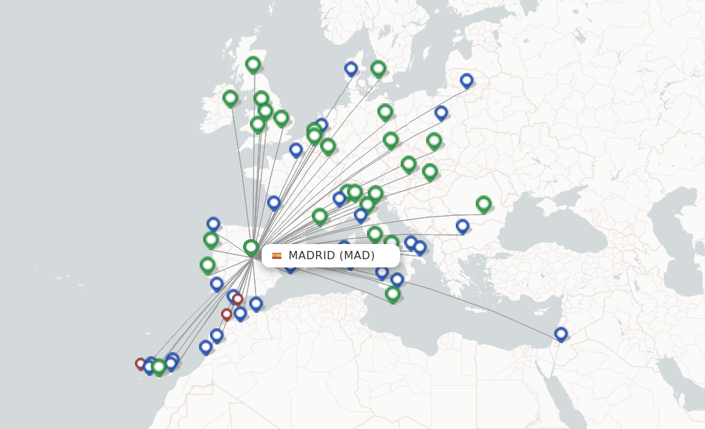 Route map with flights from Madrid with Ryanair