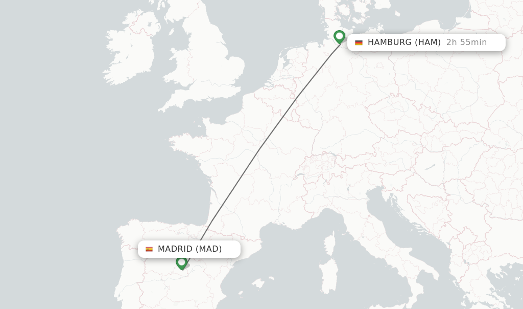 Flights from Madrid to Hamburg route map