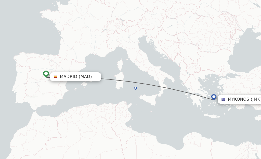 Flights from Madrid to Mykonos route map