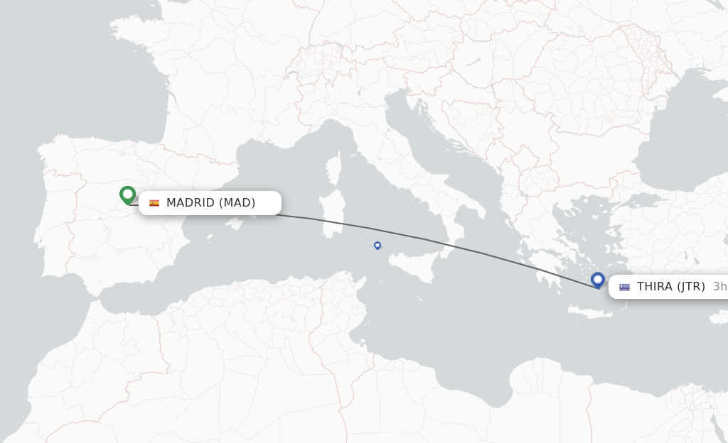 Flights from Madrid to Thira route map