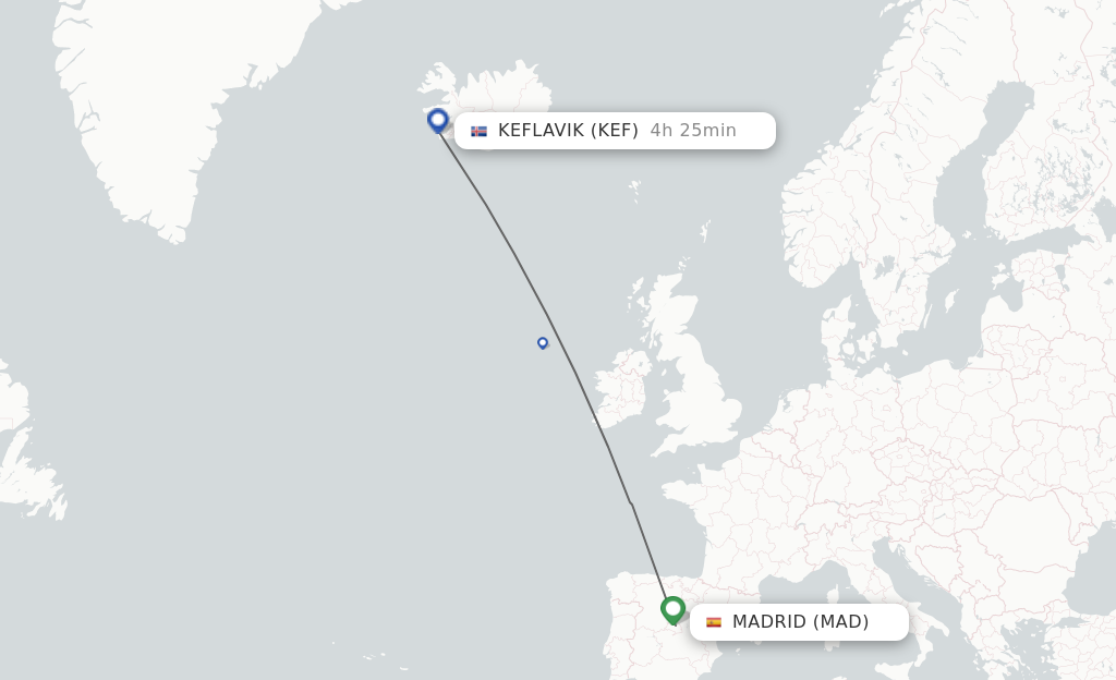 Flights from Madrid to Reykjavik route map