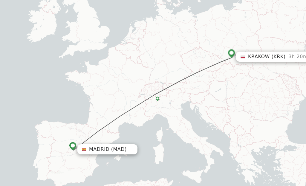 Flights from Madrid to Krakow route map