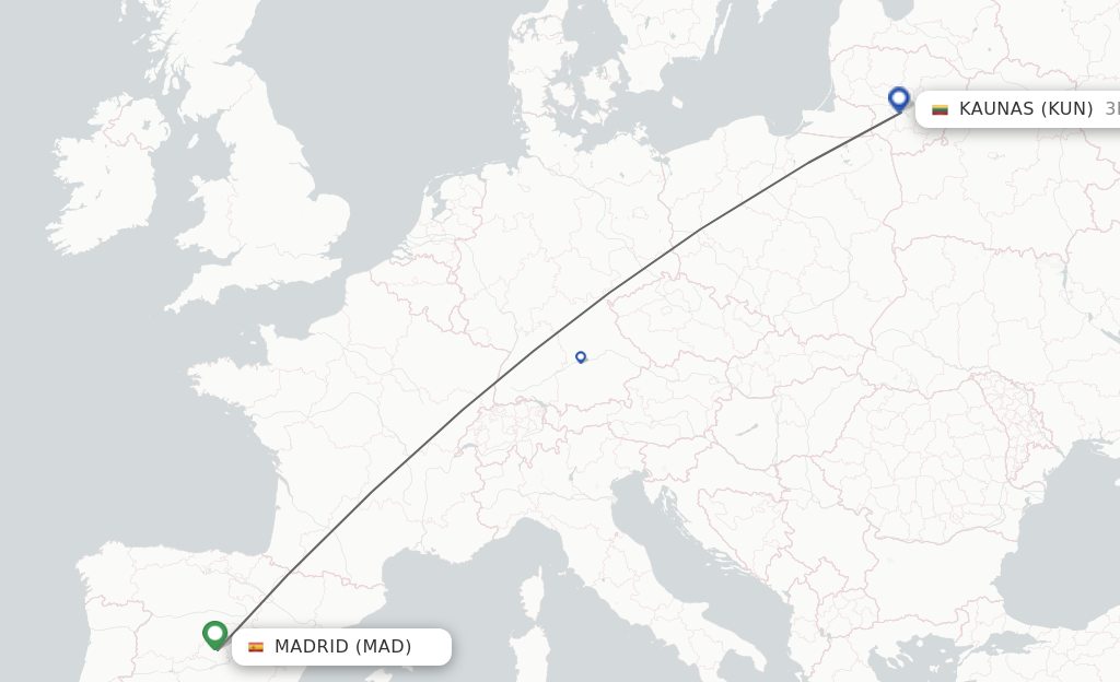 Flights from Madrid to Kaunas route map