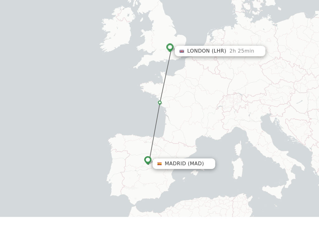 Flights from Madrid to London route map