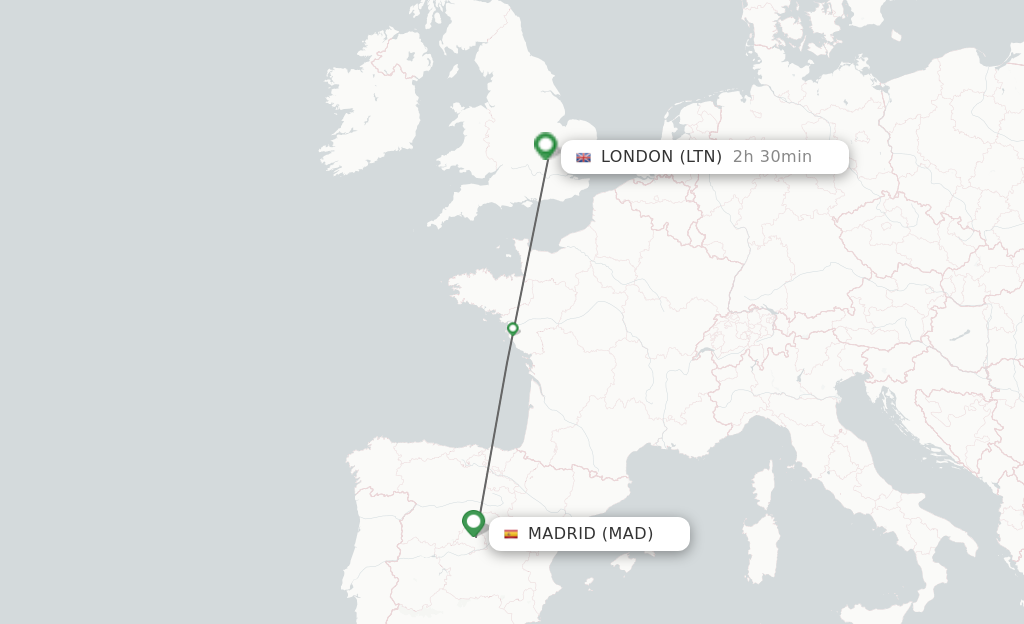 Flights from Madrid to London route map