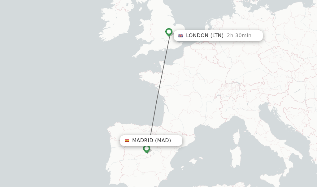Flights from Madrid to London route map