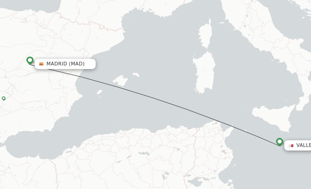 Flights from Madrid to Malta route map