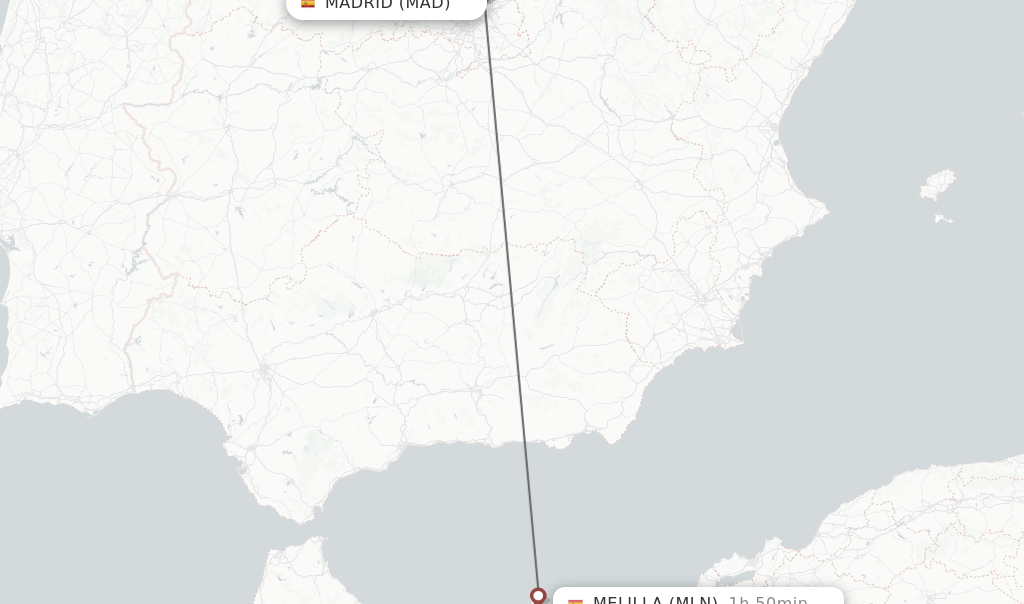 Flights from Madrid to Melilla route map