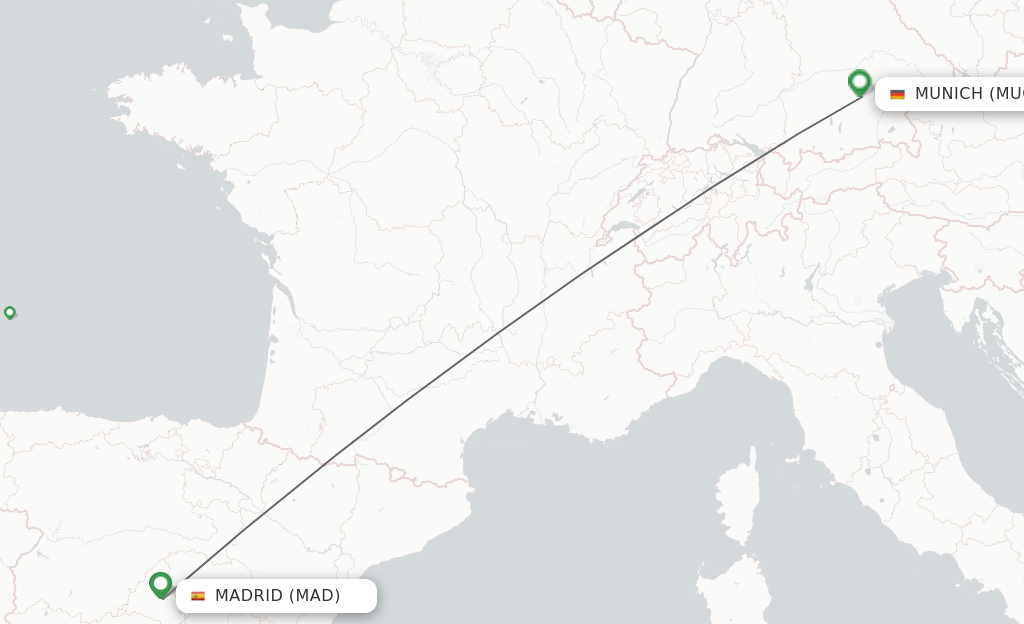 Flights from Madrid to Munich route map