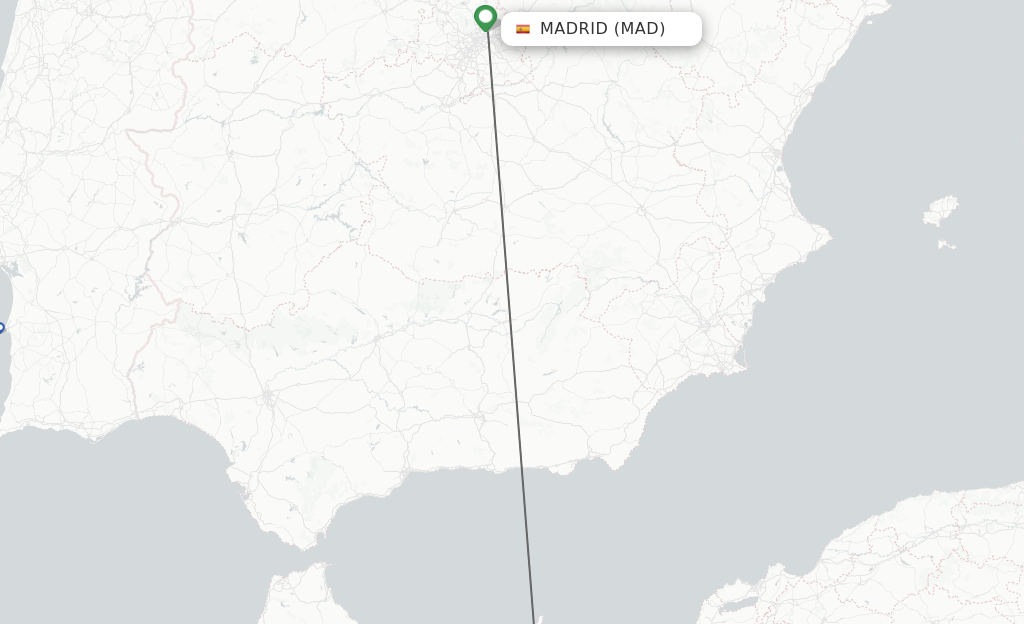 Flights from Madrid to Nador route map