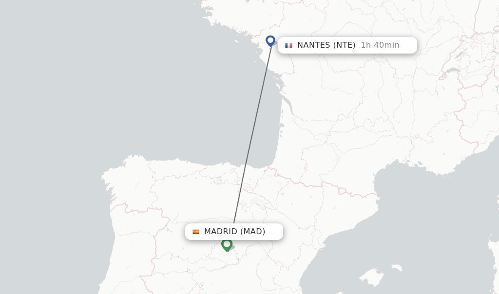 Flights from Madrid to Nantes route map