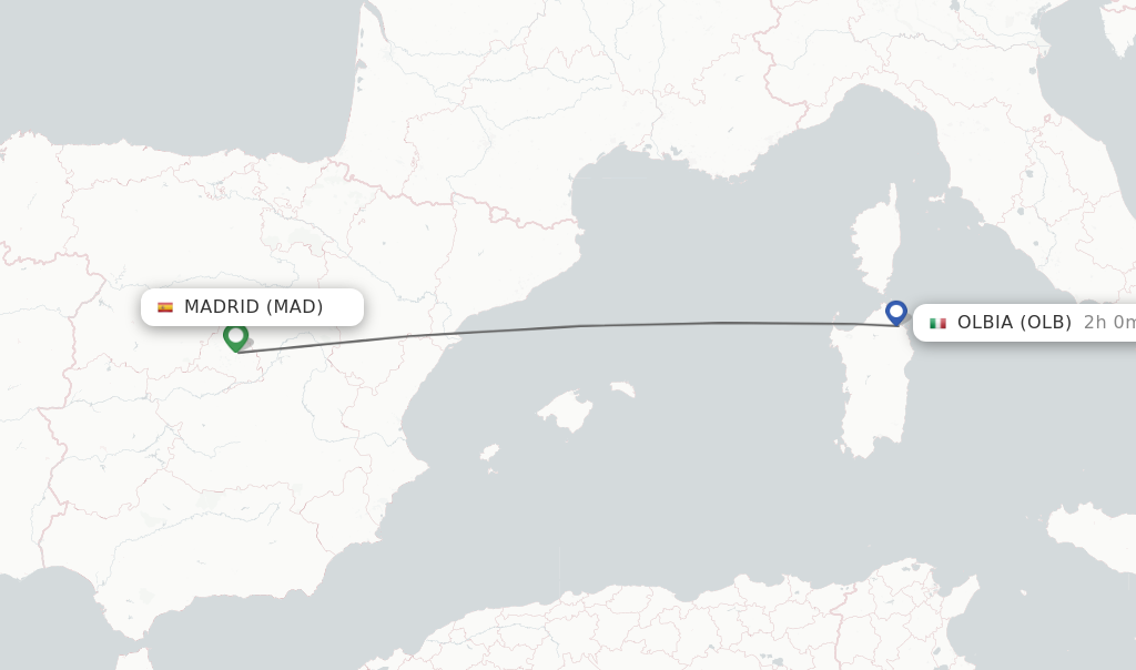 Flights from Madrid to Olbia route map