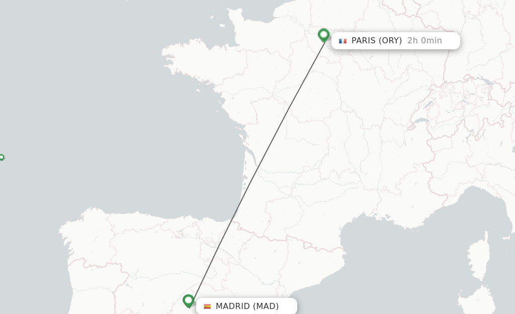 Flights from Madrid to Paris route map