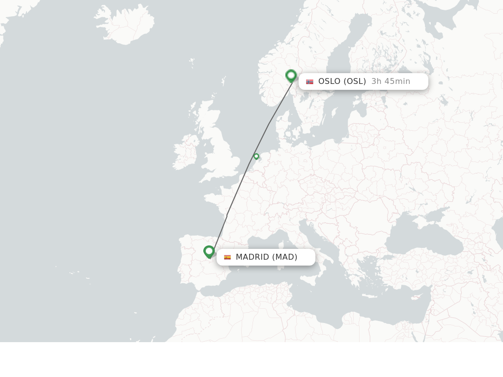 Flights from Madrid to Oslo route map