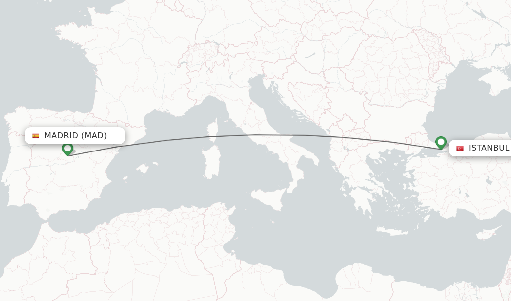 Flights from Madrid to Istanbul route map