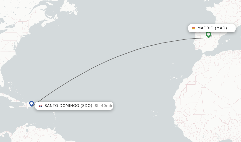 Flights from Madrid to Santo Domingo route map