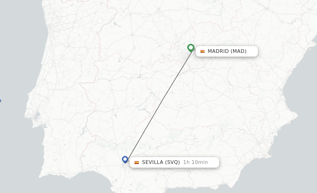 Flights from Madrid to Sevilla route map