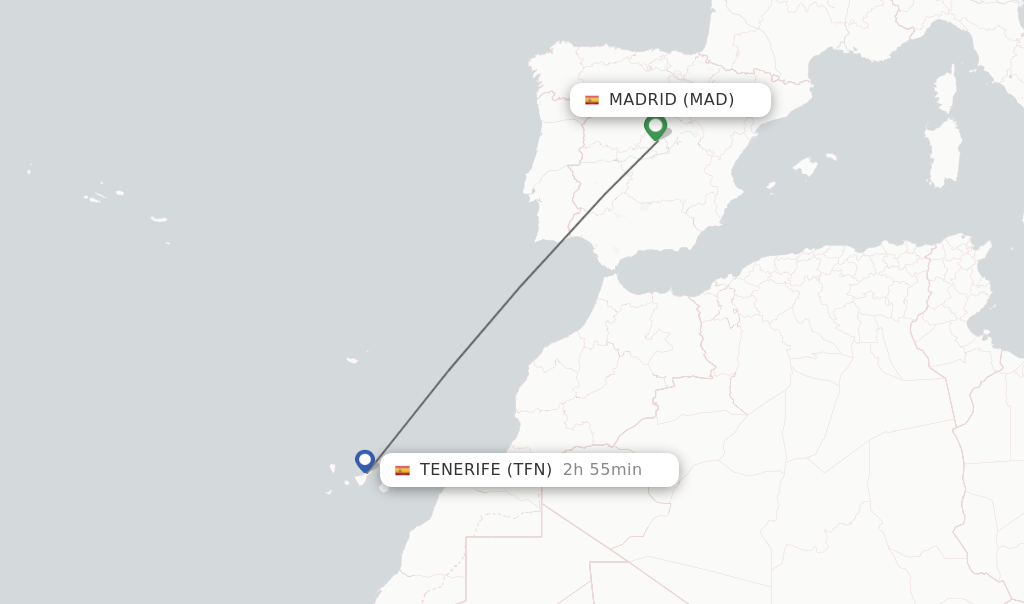 Flights from Madrid to Tenerife route map
