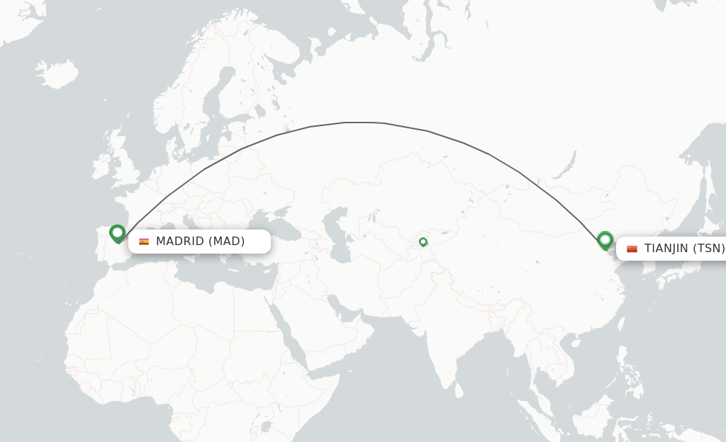 Flights from Madrid to Tianjin route map