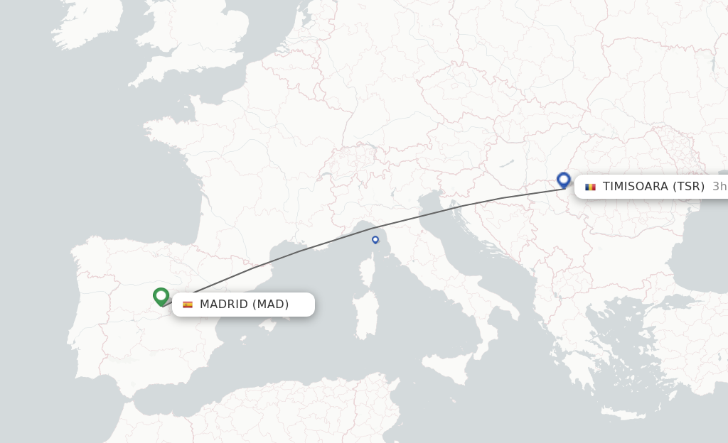 Flights from Madrid to Timisoara route map