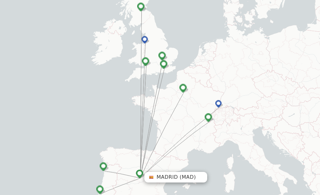 Route map with flights from Madrid with easyJet