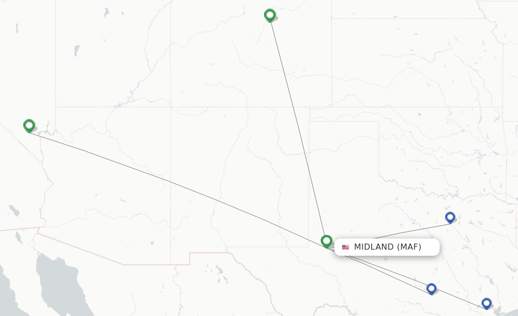 Route map with flights from Midland with Southwest