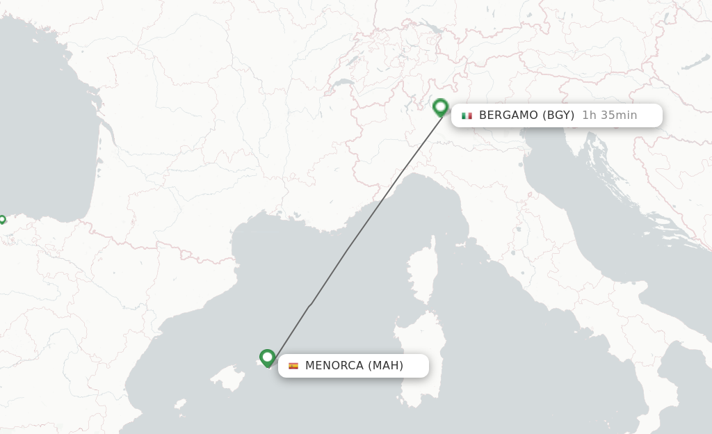 Flights from Menorca to Milan route map