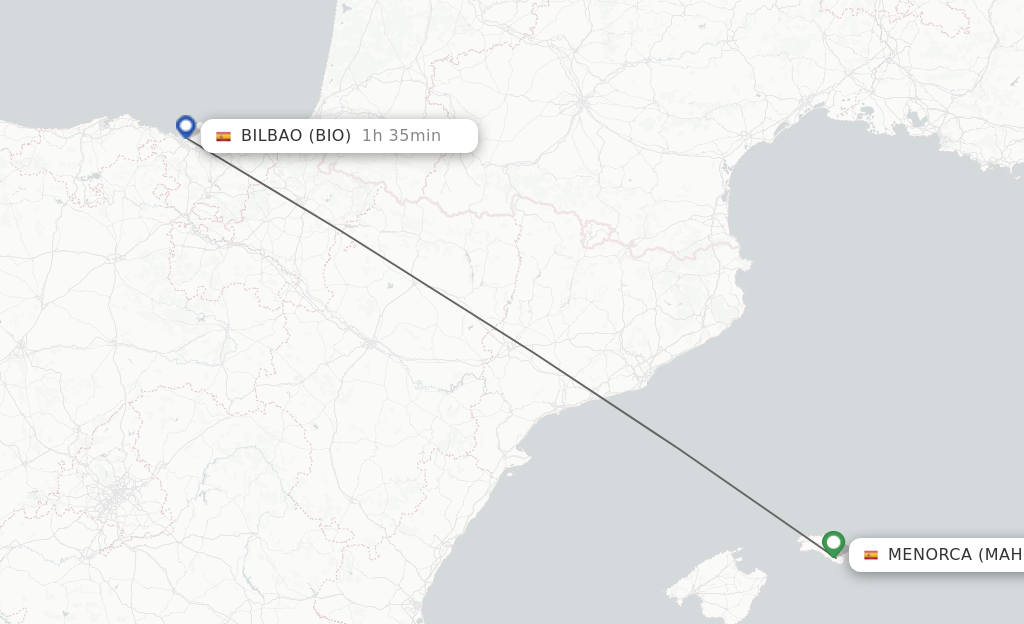 Flights from Menorca to Bilbao route map