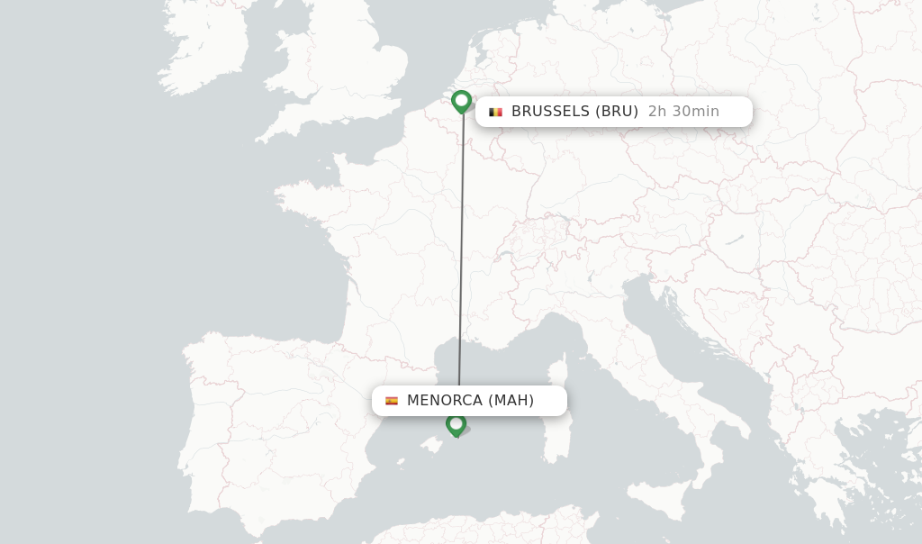 Flights from Menorca to Brussels route map
