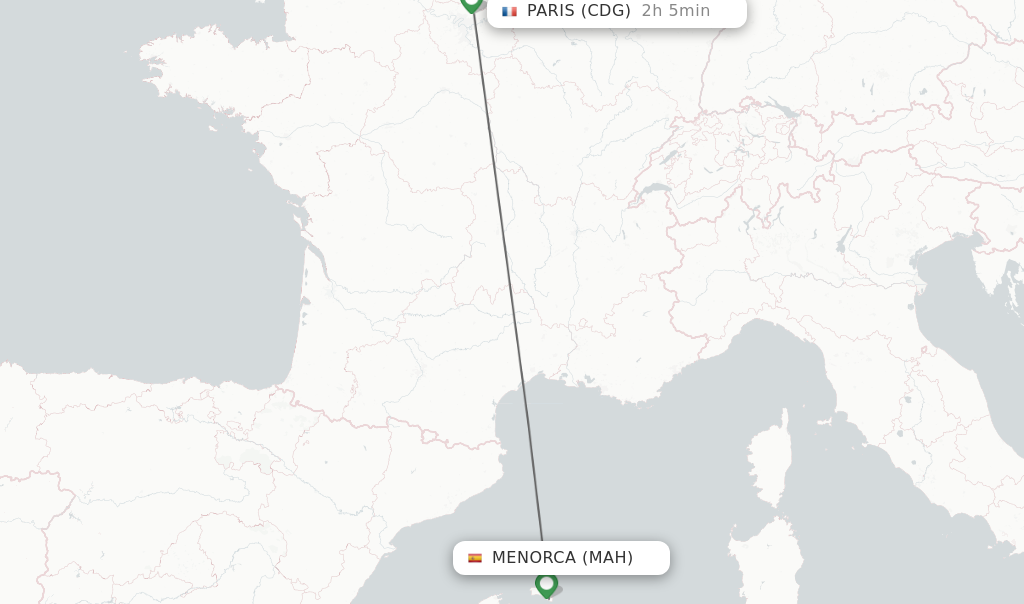 Flights from Menorca to Paris route map