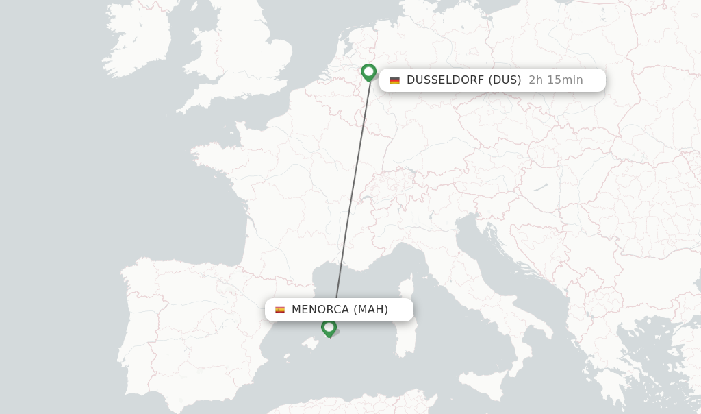 Flights from Menorca to Dusseldorf route map