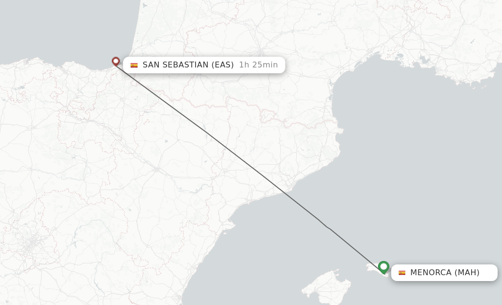 Flights from Menorca to San Sebastian route map