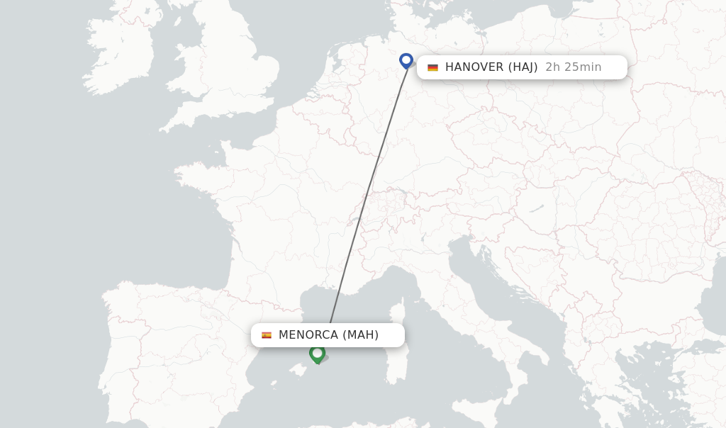 Flights from Menorca to Hanover route map