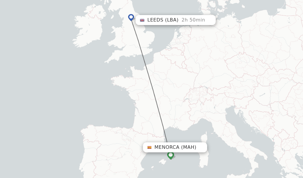 Flights from Menorca to Leeds route map