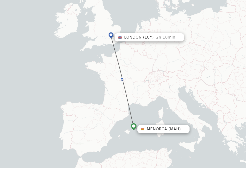 Flights from Menorca to London route map