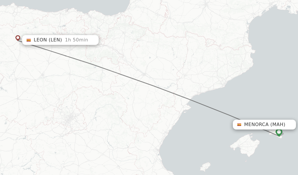 Flights from Menorca to Leon route map