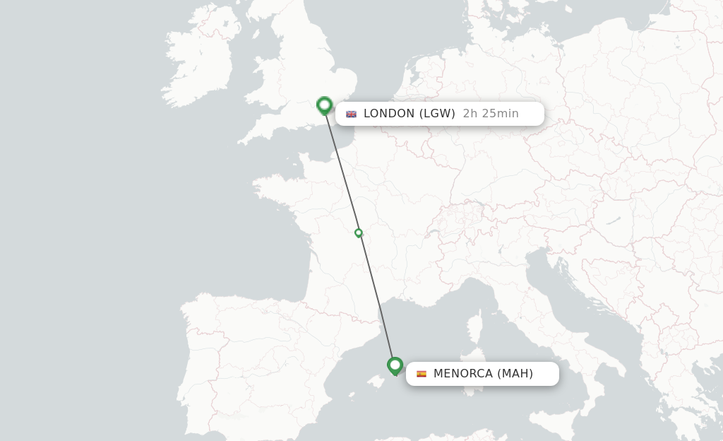 Flights from Menorca to London route map