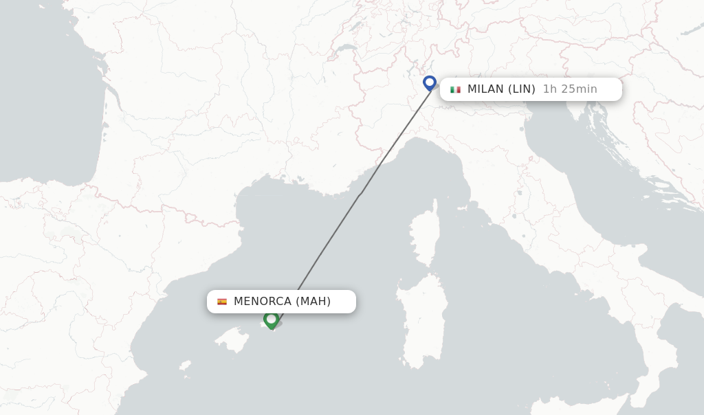 Flights from Menorca to Milan route map