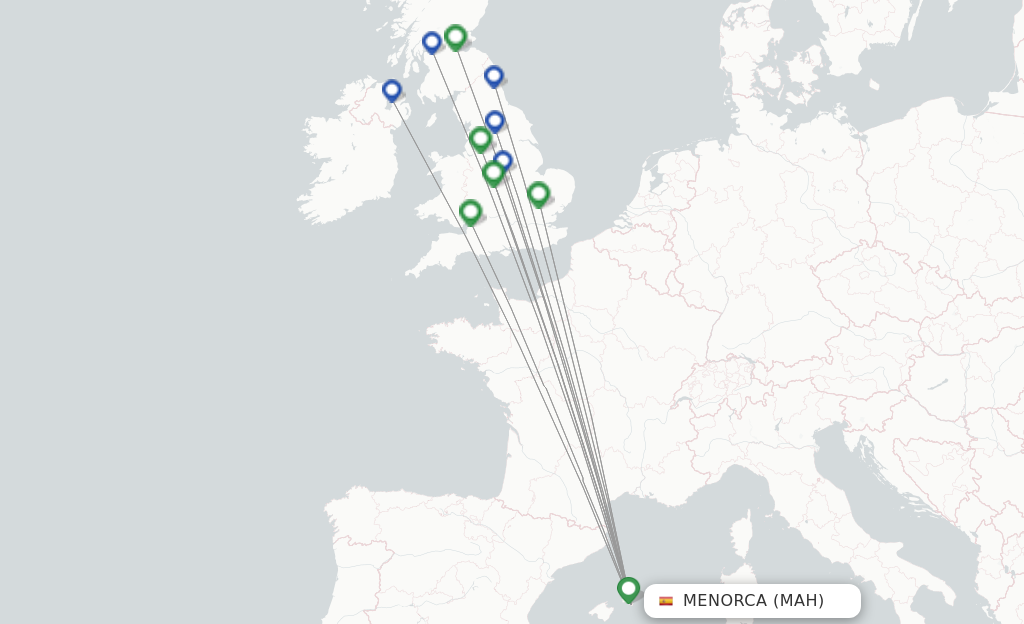 Route map with flights from Menorca with Jet2