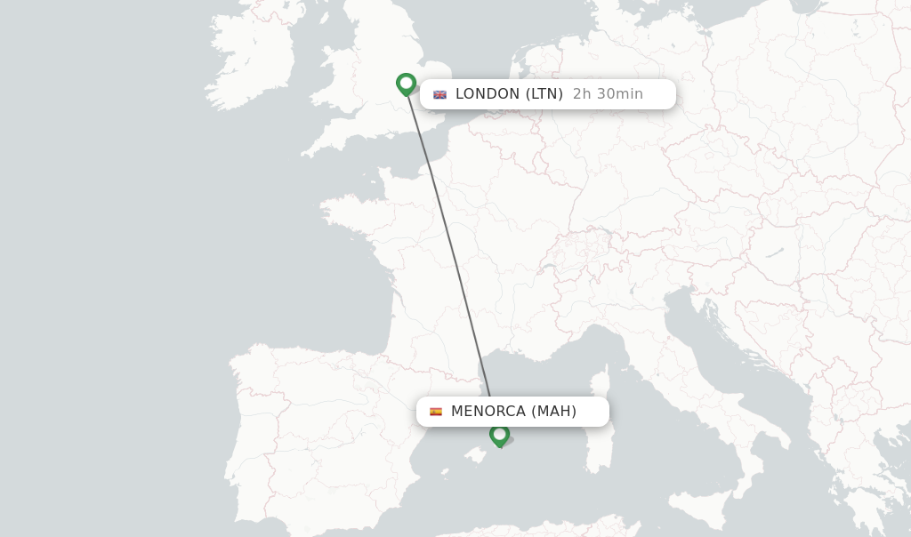 Flights from Menorca to London route map