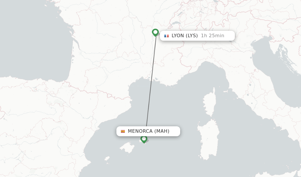 Flights from Menorca to Lyon route map