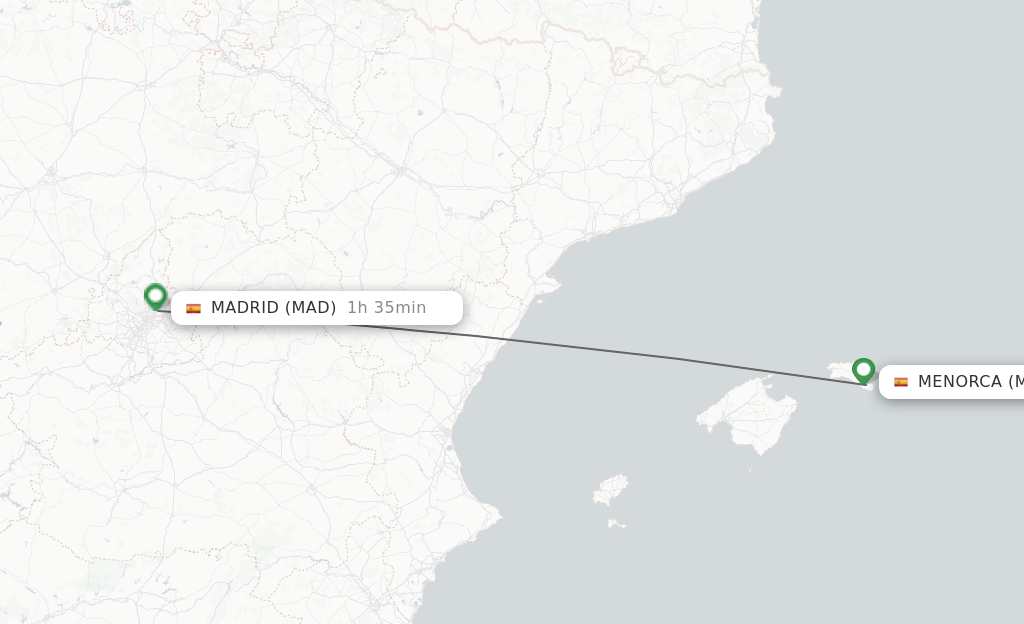 Flights from Menorca to Madrid route map